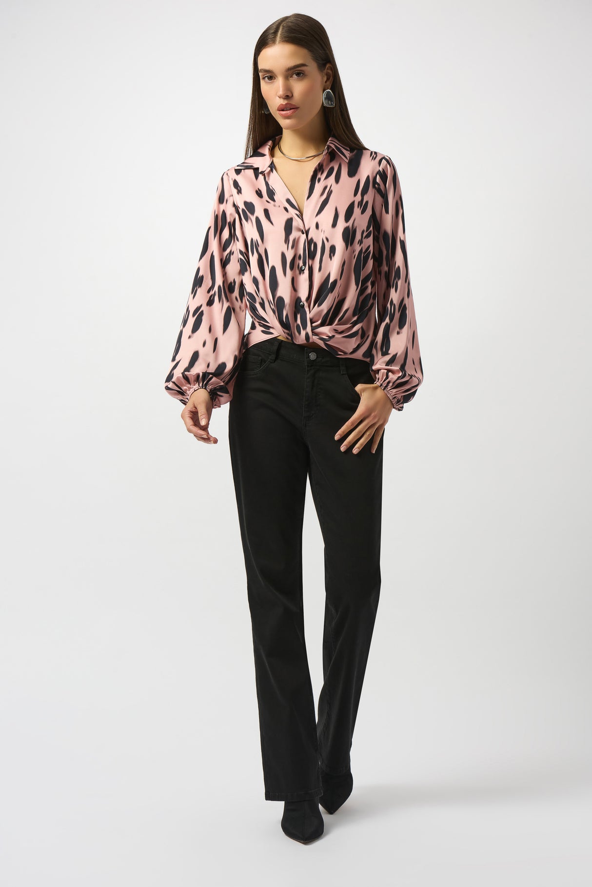 Satin Animal Print Draped Top-253059