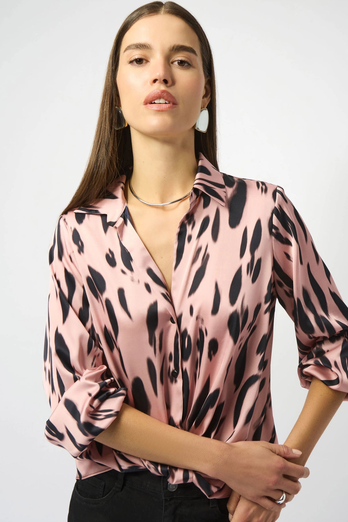 Satin Animal Print Draped Top-253059