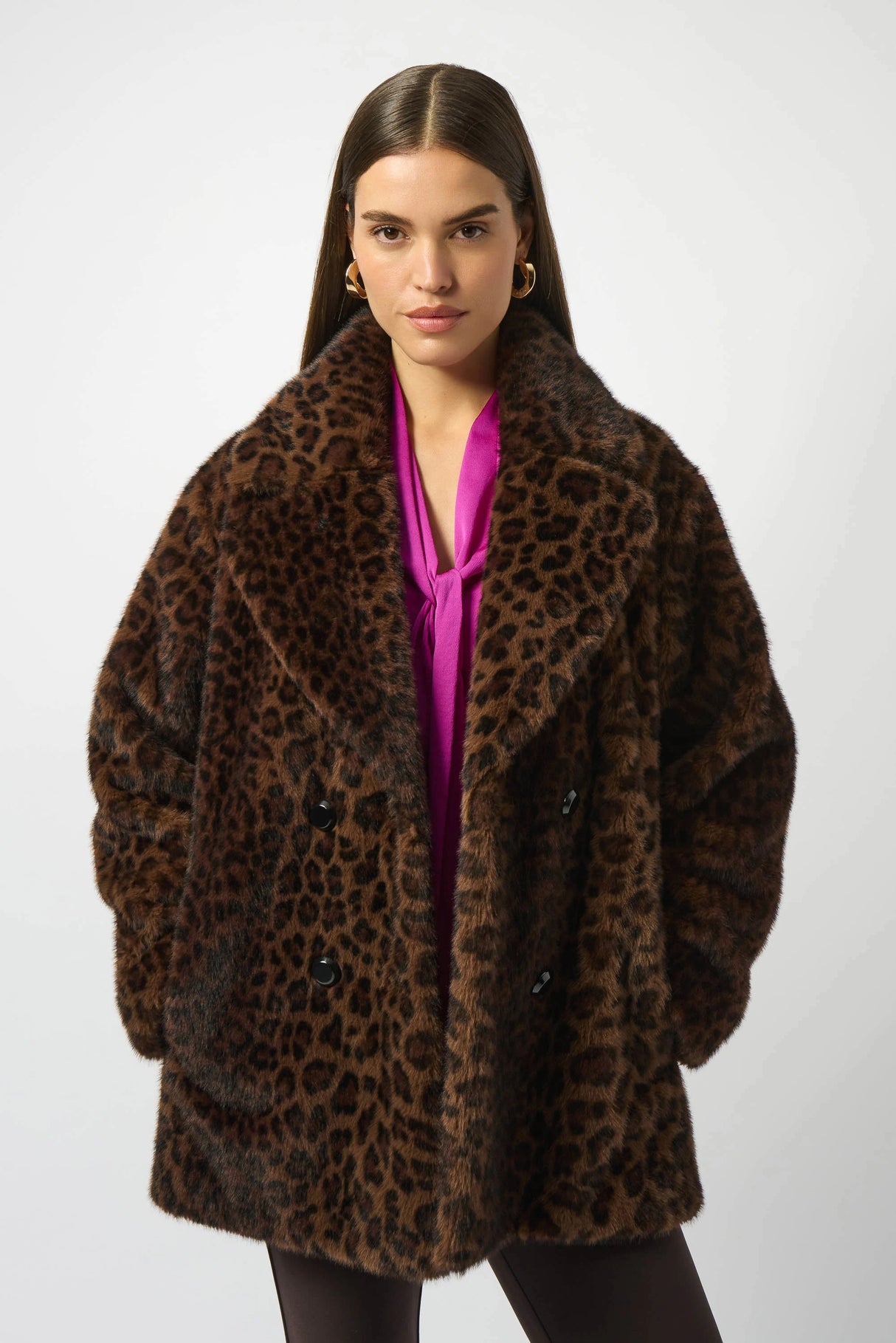 JOSEPH RIBKOFF, 253937, Faux Fur Leopard Print Double-Breasted Coat