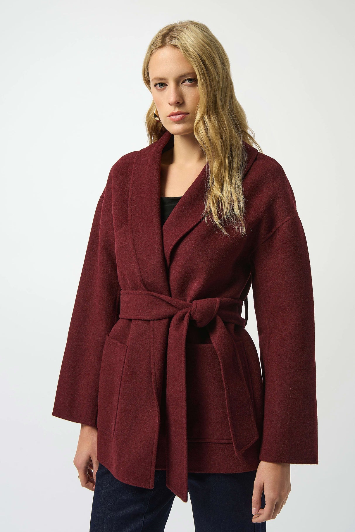 Wool Blend Belted Coat with Shawl Collar 253952