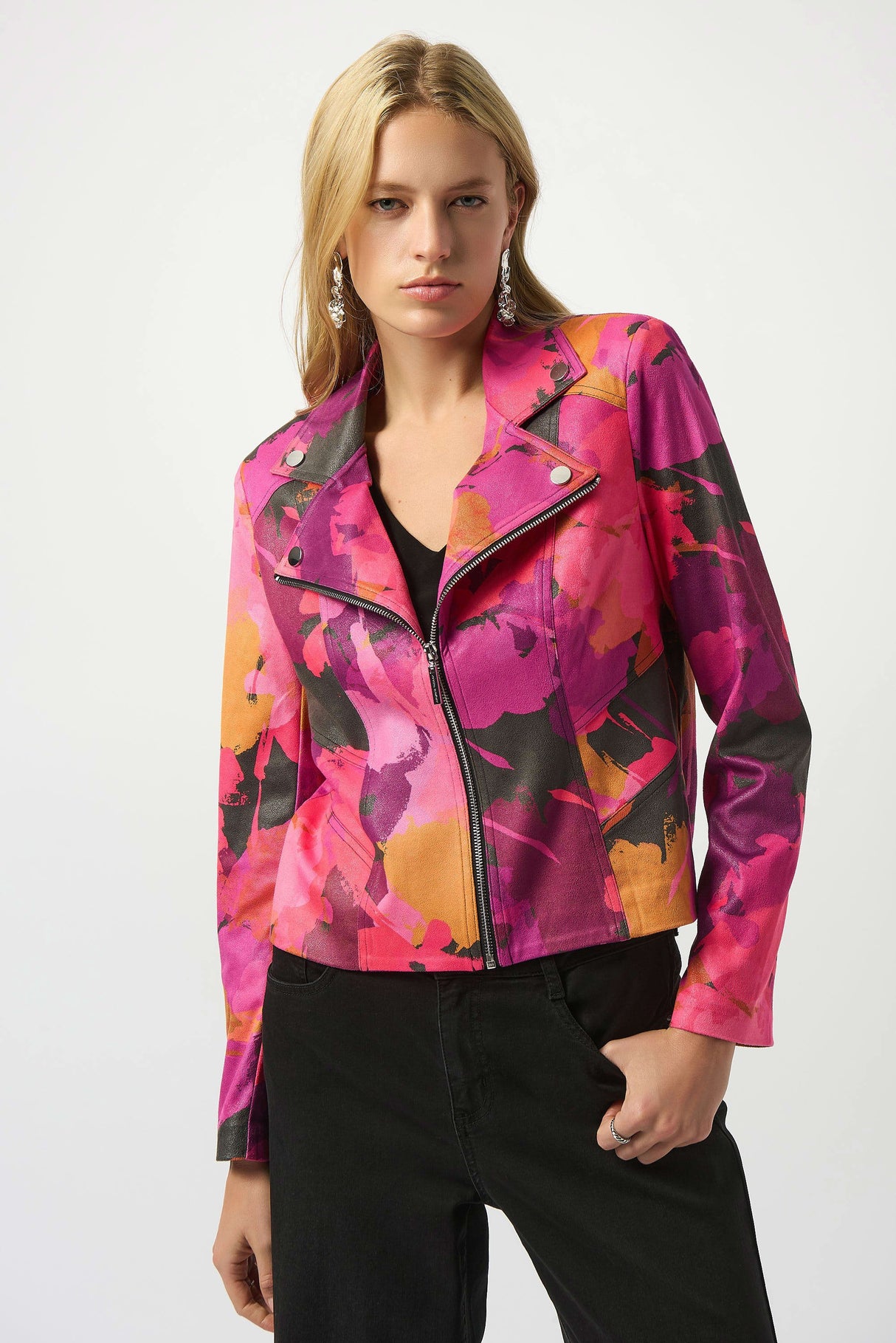 Foiled Faux Suede Abstract Print Fitted Jacket 253954