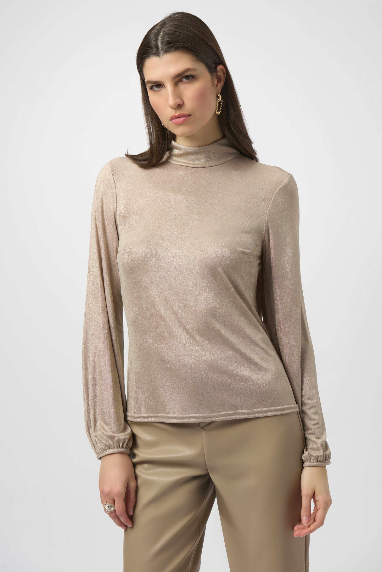 Foiled Knit Mock Neck Fitted Top 254027