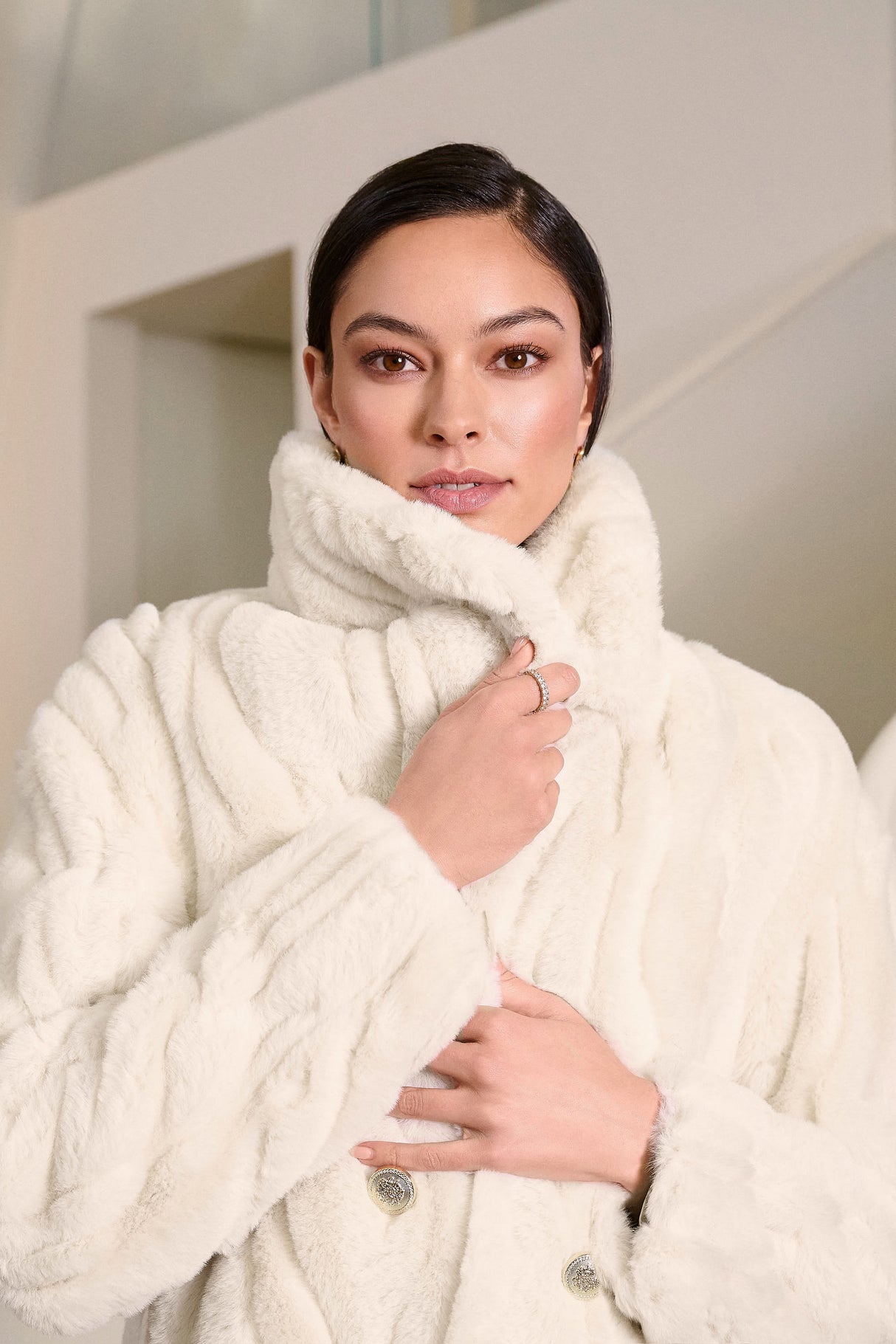 JOSEPH RIBKOFF, 254908, Textured Faux Fur Shawl Collar Coat