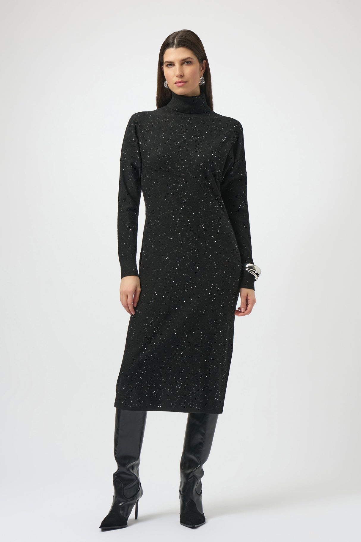 Sequined Sweater Knit Turtleneck Sheath Dress 254932