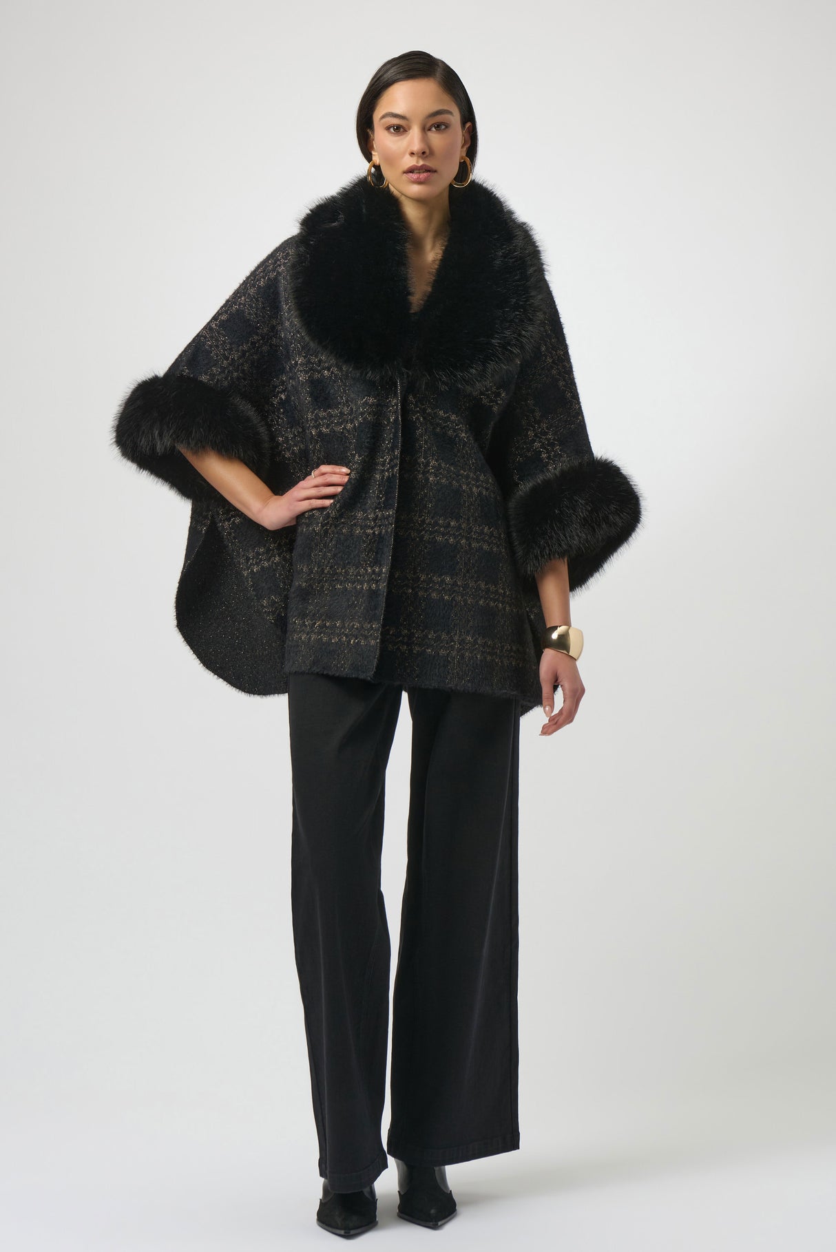 JOSEPH RIBKOFF, 254934, Jacquard Sweater Knit Cape with Faux Fur Accents