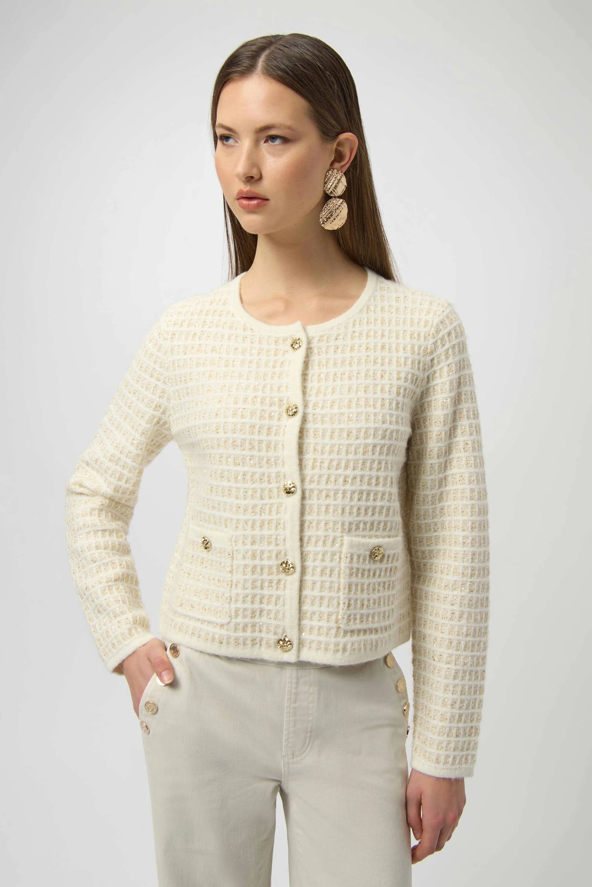 Sequined Sweater Knit Cardigan with Gold Buttons 254938