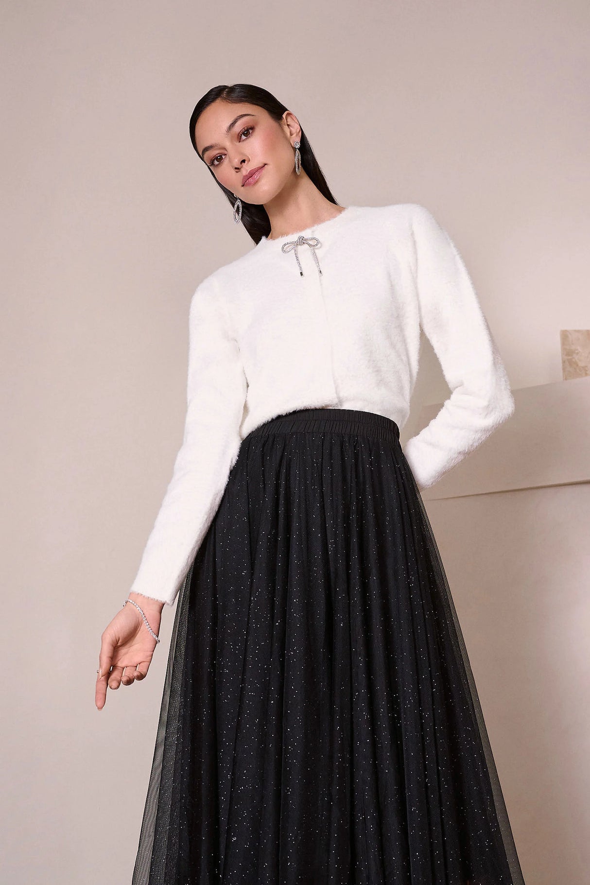 Feather Yarn Cardigan with Rhinestone Bow 254955