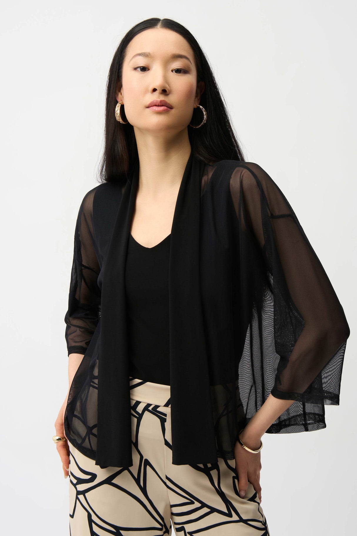 Mesh and Silky Knit Draped Open Front Cover-Up 261204