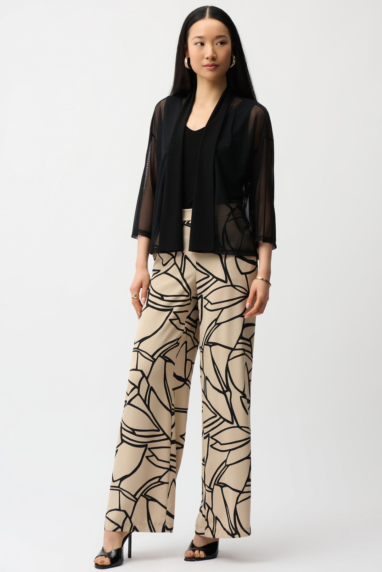 Mesh and Silky Knit Draped Open Front Cover-Up 261204
