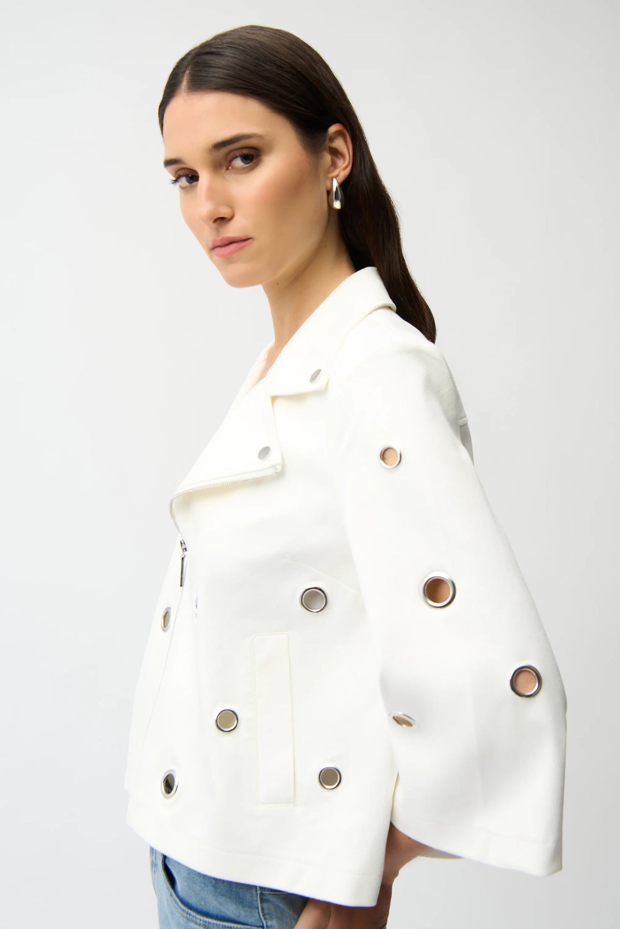 JOSEPH RIBKOFF Foiled Faux Suede Swing Jacket With Grommets 261905