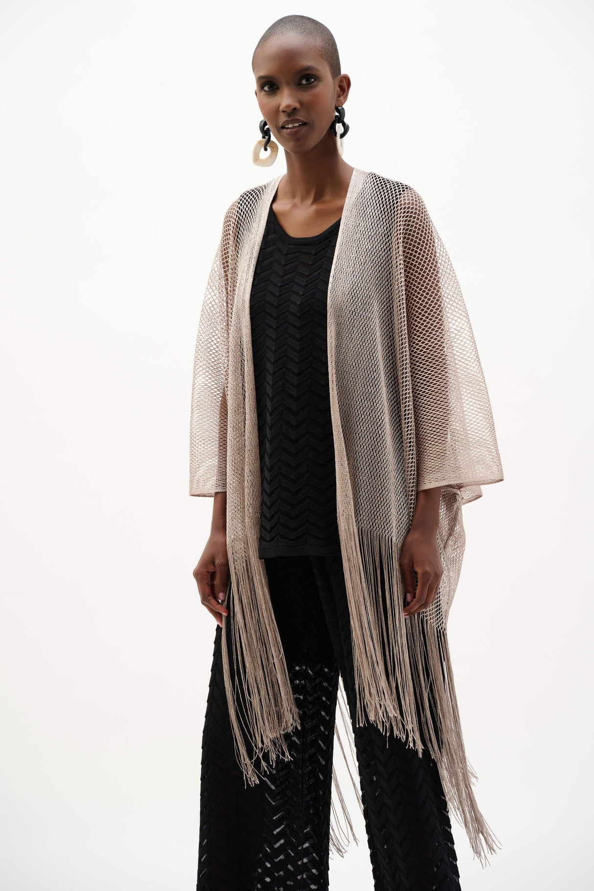 Joseph Ribkoff Woven Open Stitch Draped Cover-Up With Fringe 262973