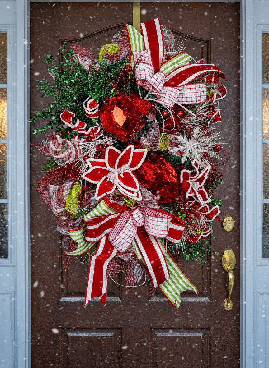 Candy Cane Luxe Christmas Wreath – Red & Green Holiday Door Décor