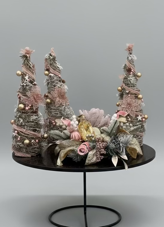 Blush & Gold Holiday Centerpiece Set – Candle Ring + Trio of Trees