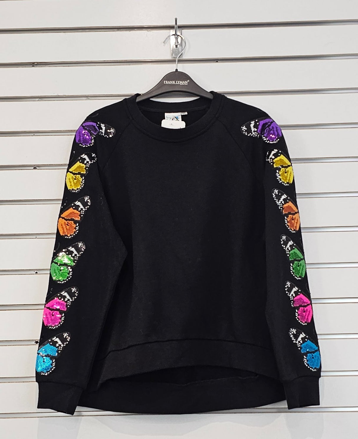 QUEEN OF SPARKLES Butterfly sequin sleeve black sweater