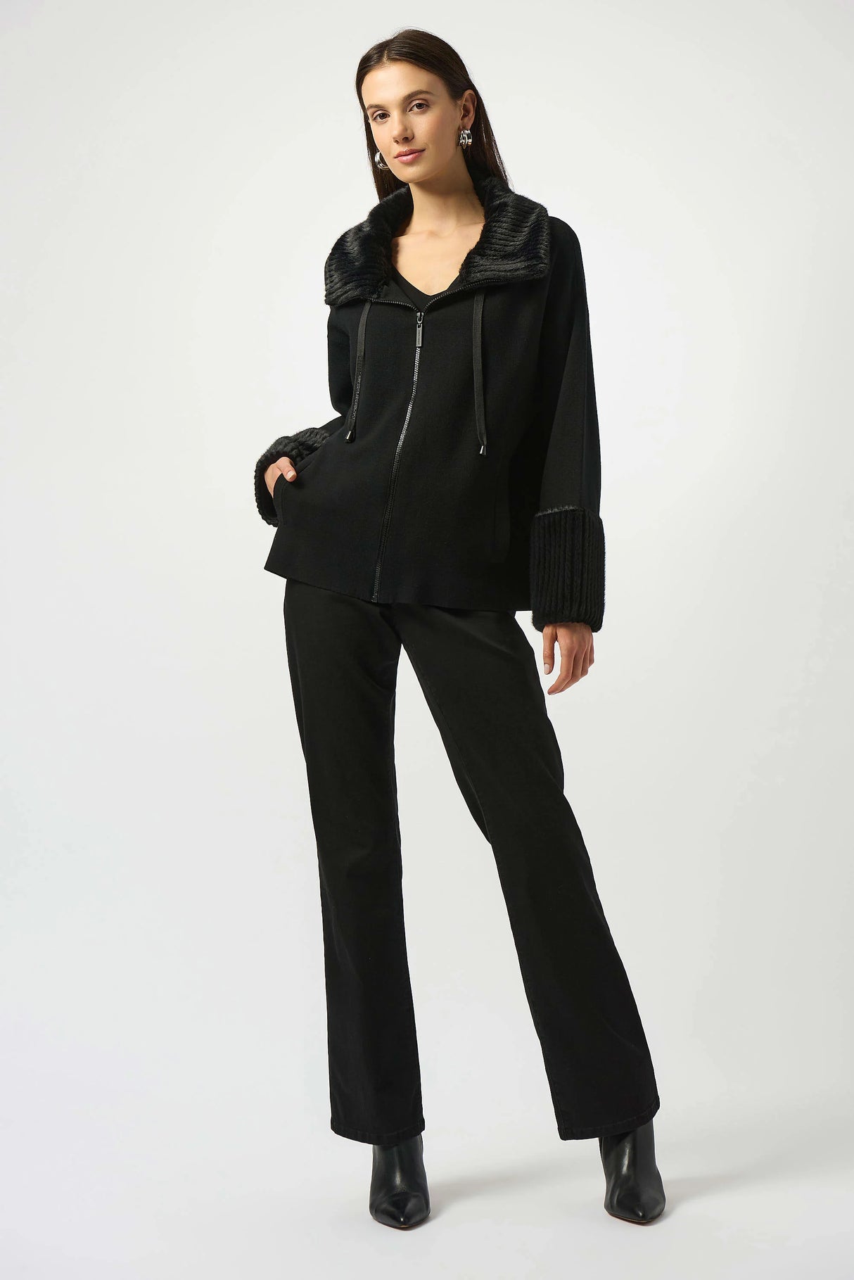 Sweater Knit Coat With Fur Trim 253905