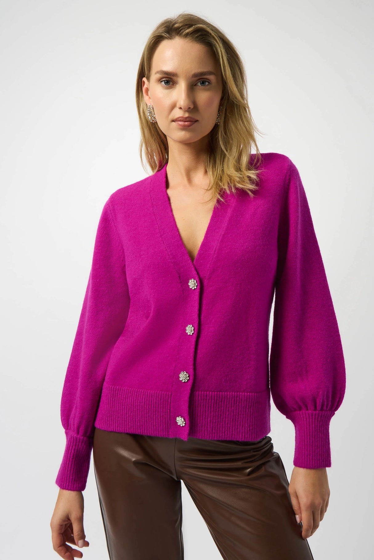 Sweater Knit Cardigan with Puff Sleeves 253906