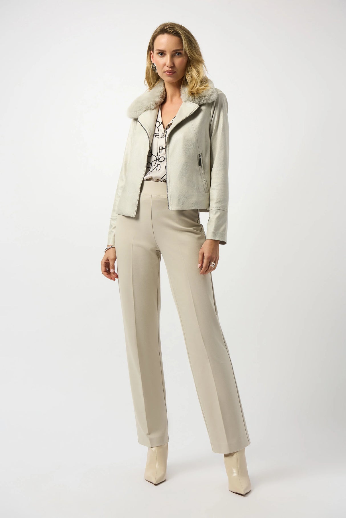Foiled Suede Swing Jacket with Faux Fur Collar 253925