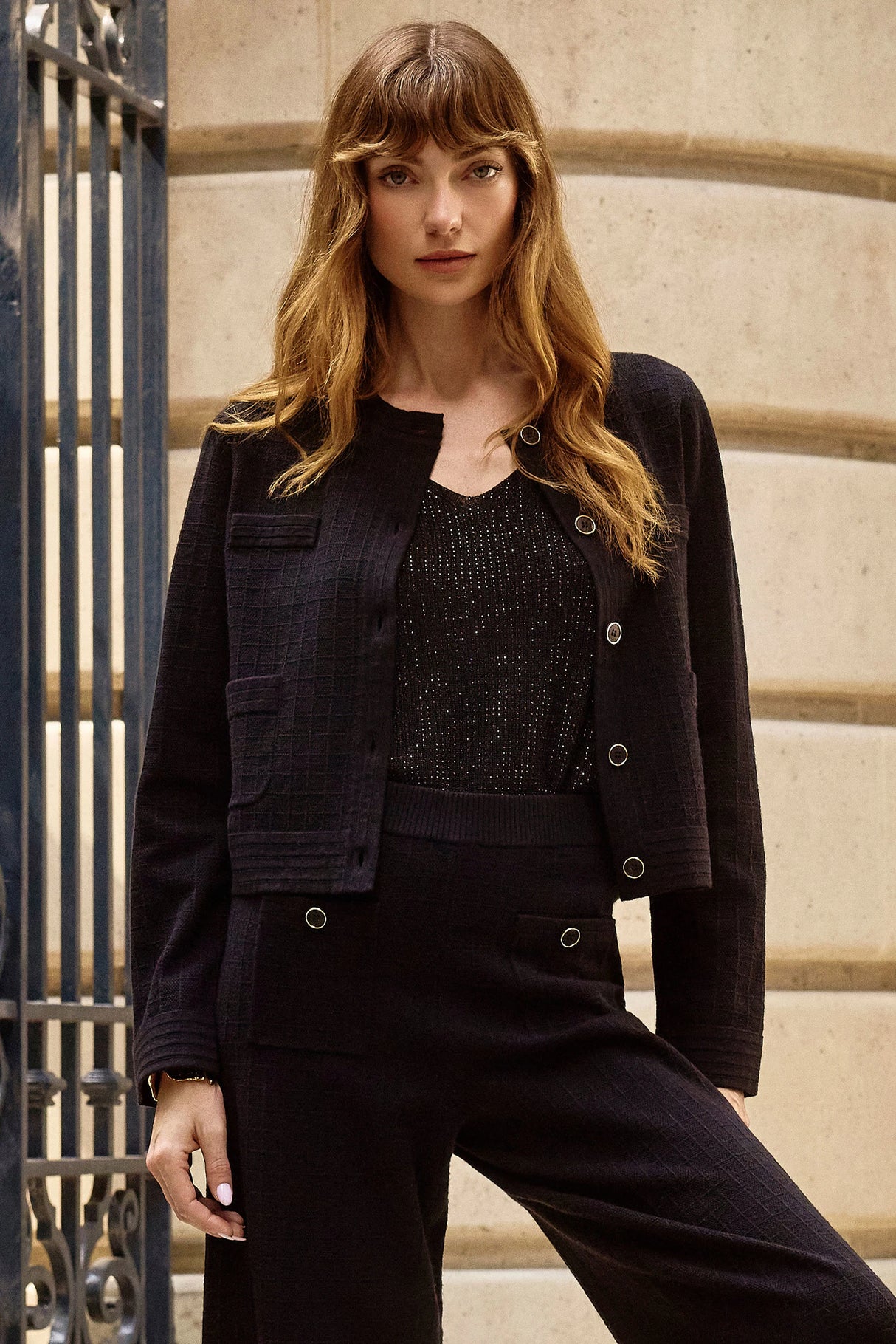 Sweater Knit Crew Neck Button-Front Jacket 253983