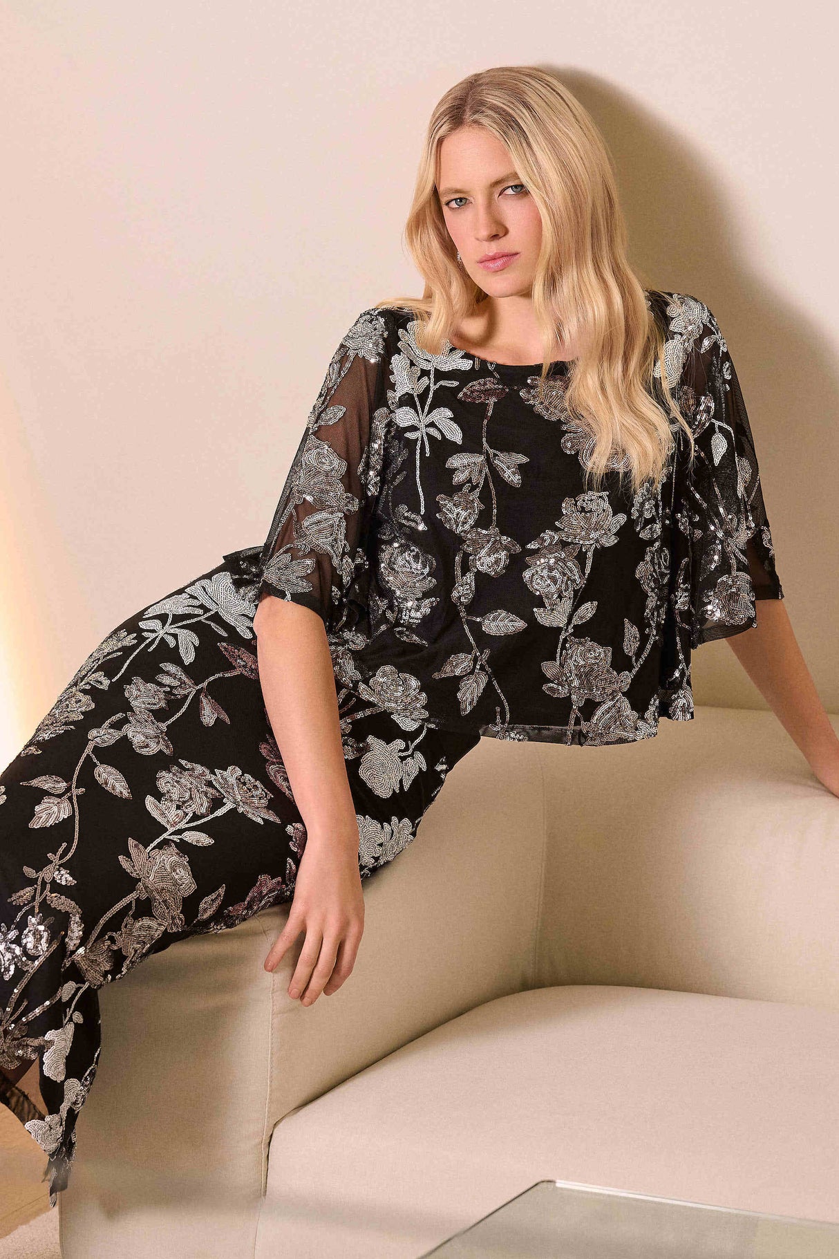 Sequin Embroidered Floral Print Boxy Top 254181