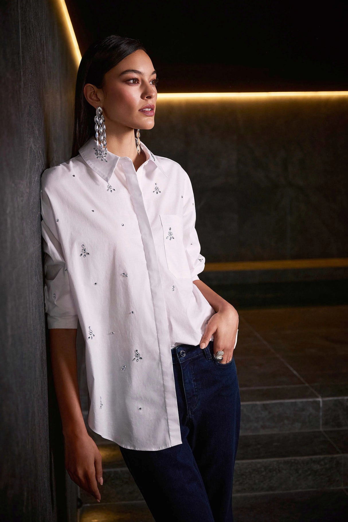 Stretch Poplin Boxy Blouse with Rhinestones 254924