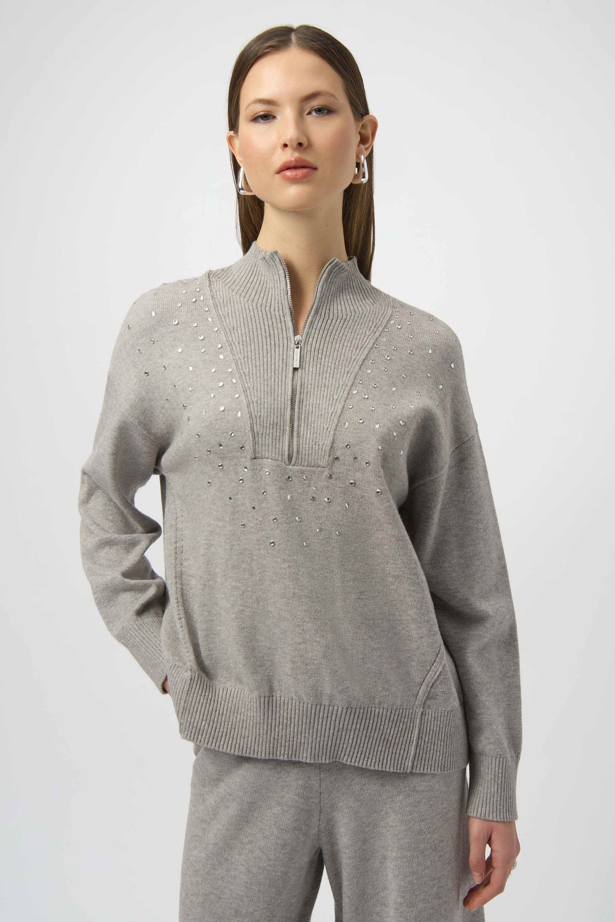 Sweater Knit Mock Neck Pullover with Rhinestones 254933