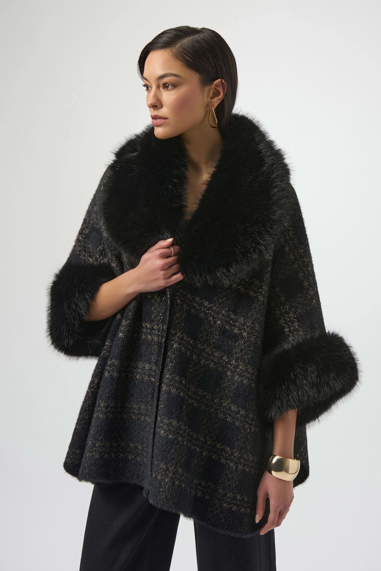 JOSEPH RIBKOFF, 254934, Jacquard Sweater Knit Cape with Faux Fur Accents