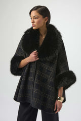 JOSEPH RIBKOFF, 254934, Jacquard Sweater Knit Cape with Faux Fur Accents