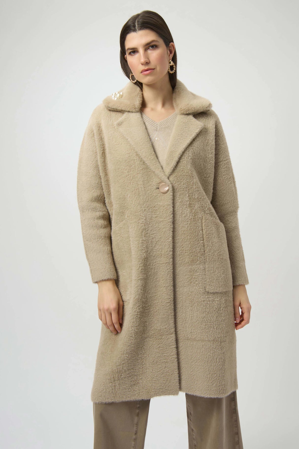 Feather Yarn and Faux Fur Sweater Coat 254954