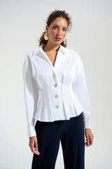 JOSPEH RIBKOFF Signature | Stretch Taffeta Fit And Flare Blouse With Chain Link Button Cuffs 261742
