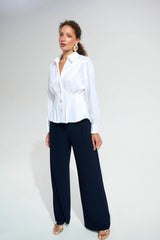 JOSPEH RIBKOFF Signature | Stretch Taffeta Fit And Flare Blouse With Chain Link Button Cuffs 261742