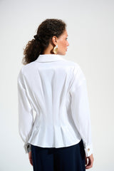 JOSPEH RIBKOFF Signature | Stretch Taffeta Fit And Flare Blouse With Chain Link Button Cuffs 261742