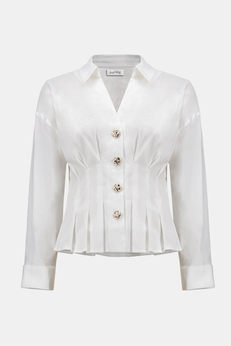 JOSPEH RIBKOFF Signature | Stretch Taffeta Fit And Flare Blouse With Chain Link Button Cuffs 261742