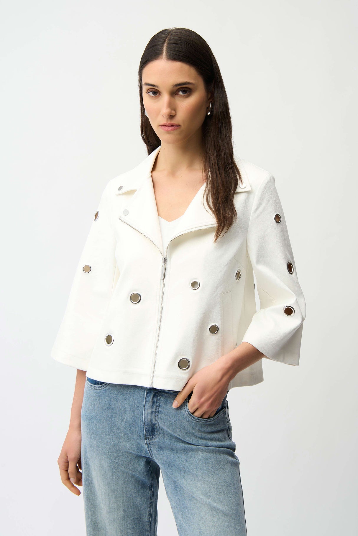 JOSEPH RIBKOFF Foiled Faux Suede Swing Jacket With Grommets 261905