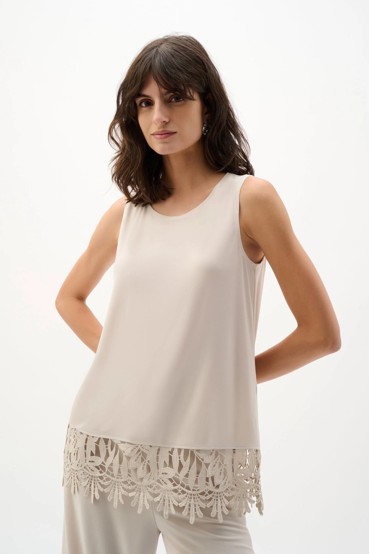 Silky Knit Sleeveless Top Lace Hem 262094