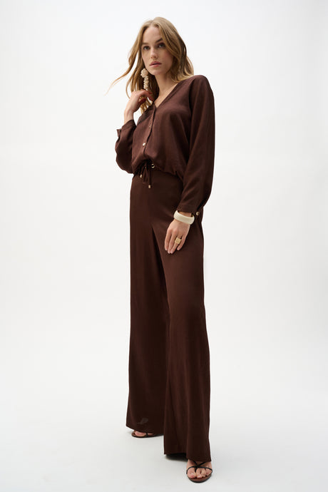 Crushed Satin Wide Leg Pull-On Pants With Drawstring 262152