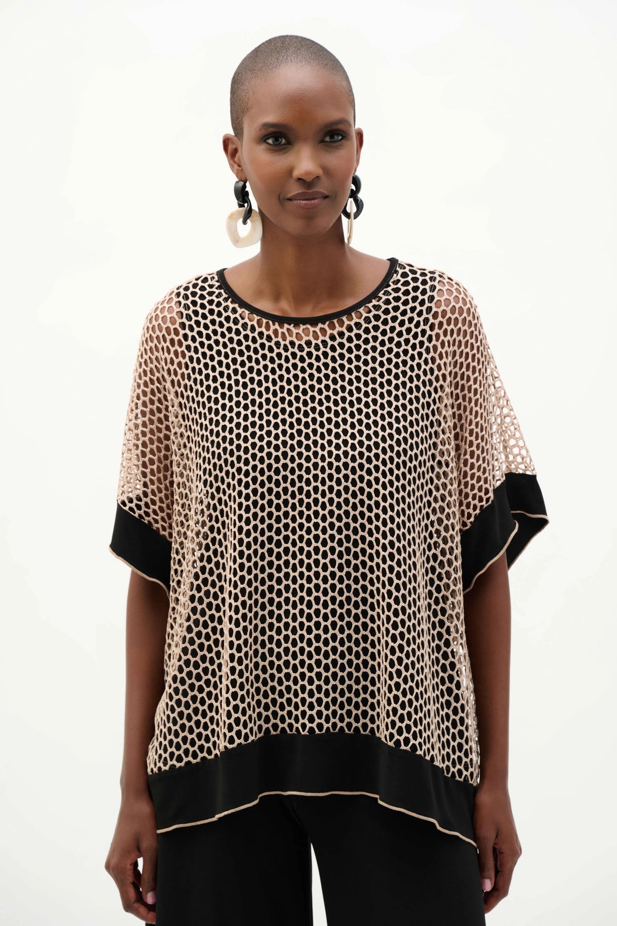 Silky Knit And Mesh Trapeze Top With Contrast Cuffs 262160