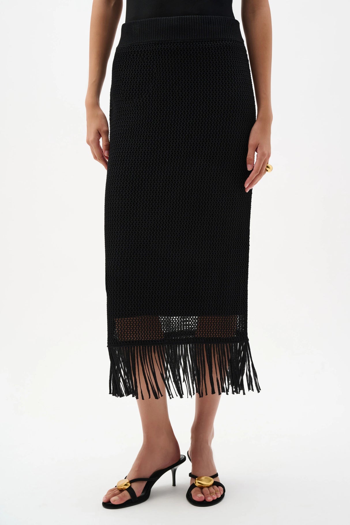 Viscose Sweater Knit Pull-On Skirt With Fringe Trim 262929