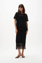 Viscose Sweater Knit Pull-On Skirt With Fringe Trim 262929
