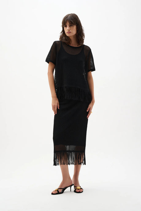 Viscose Sweater Knit Pull-On Skirt With Fringe Trim 262929