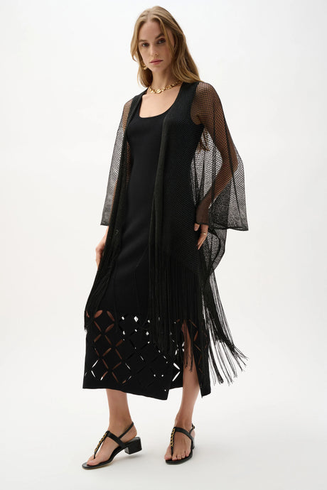 Joseph Ribkoff Woven Open Stitch Draped Cover-Up With Fringe 262973