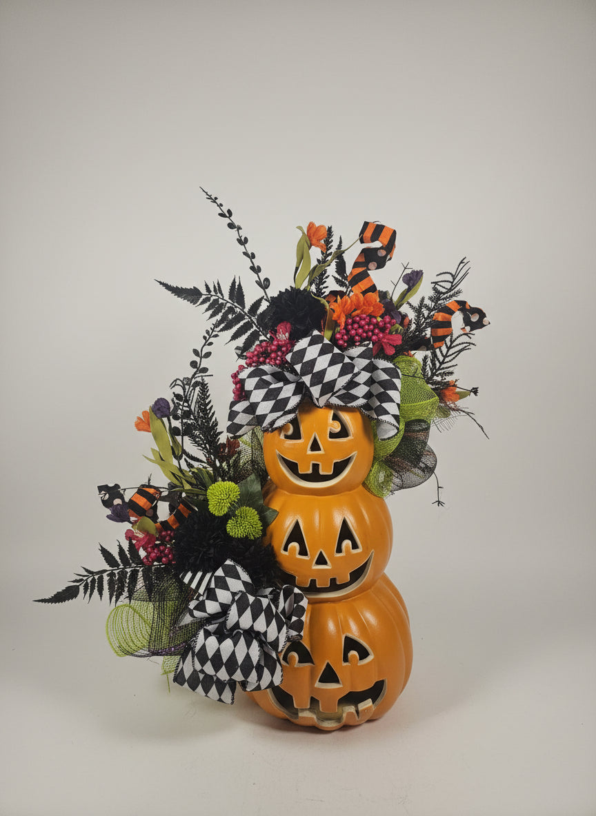 Triple Jack-O’-Lantern Arrangement – Halloween Centerpiece Décor