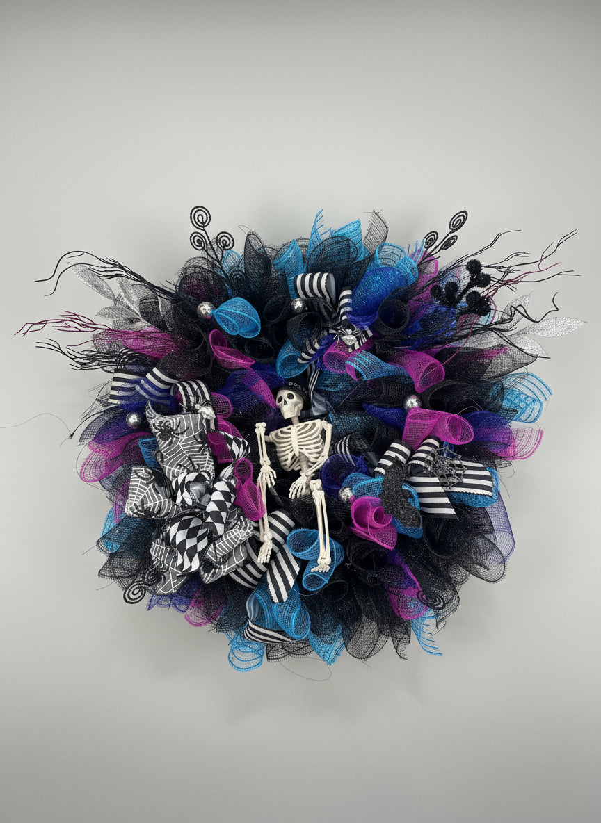 Electric Skeleton Wreath – Spooky Glam Halloween Door Décor