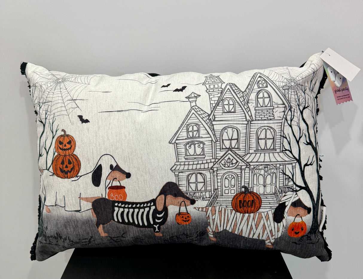 Haunted House Halloween Pillow with Trick-or-Treat Dogs
