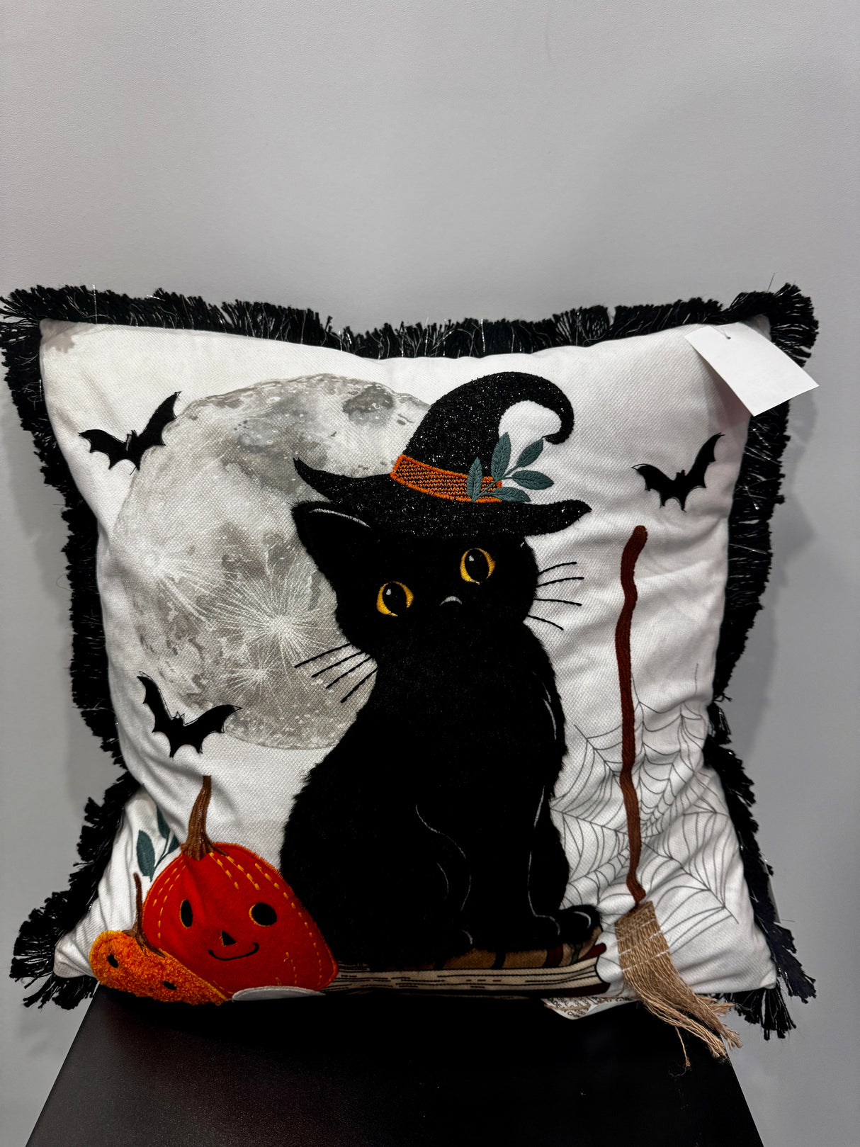 Black Cat Witch Halloween Pillow with Moon & Pumpkin