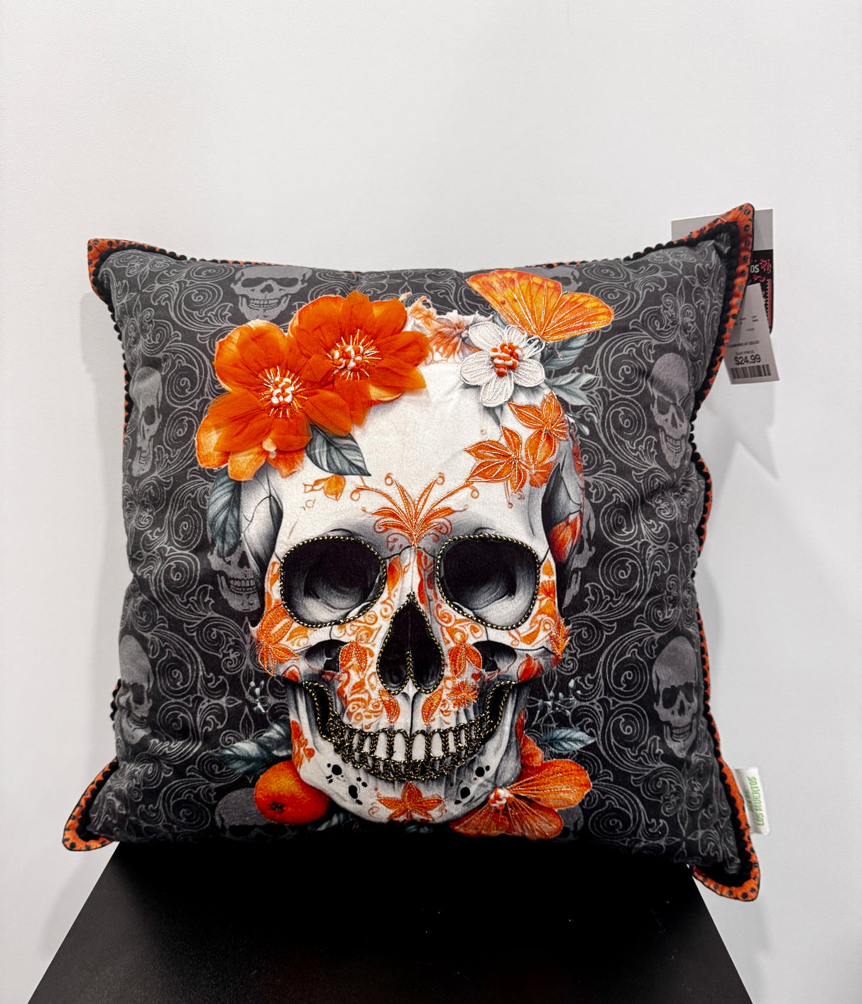 Floral Skull Halloween Pillow – Black & Orange Accent