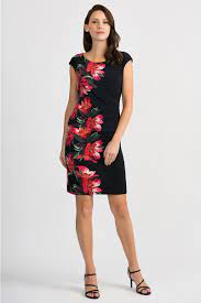 JOSPH RIBKOFF BLACK DRESS WITH RED FLOWERS AND OVERLAY